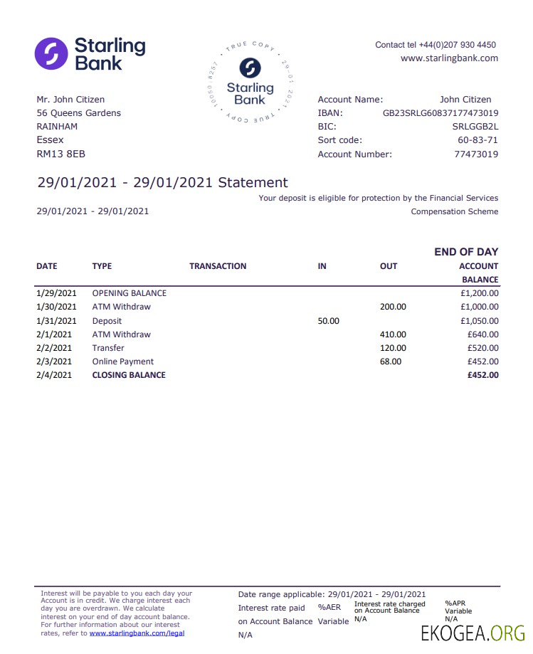 Modèle de relevé bancaire Starling du Royaume Uni au format de fichier .xls et .pdf, bon pour prouver l'adresse